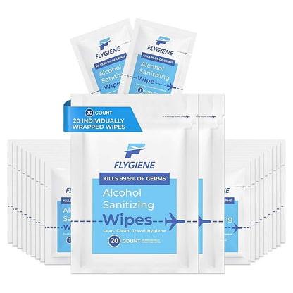 Travel Wet Wipes for Hands & Surfaces – TSA-Approved, Compact & Unscented Travel Pack – 70% Alcohol Wipes Individually Wrapped, 20 Count (Pack of 1)
