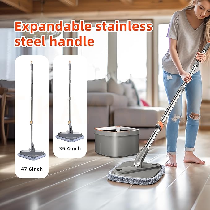 KZKR Spin Mop and Bucket Set with 14 Replaceable Microfiber Mop Pads with Self Separation Dirty and Clean Water System, Self Wringing 360° Rotating Square Mop Head for Hardwood Tile Marble Floors