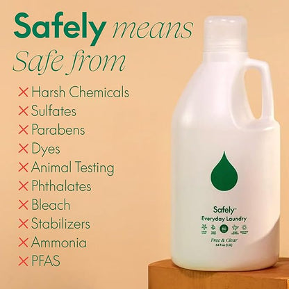 Safely Everyday Laundry Detergent Liquid Soap,Free & Clear 4 Pack–Plant Powered,Highly Concentrated-Fight Stains & Wash Away Dirt, Impurities While Preserving Colors, Gentle On Skin, 64 fl oz Each
