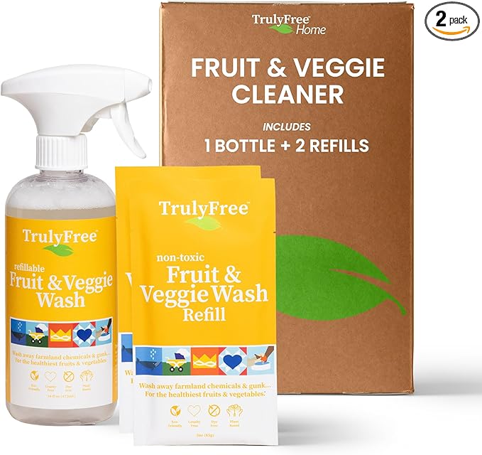 Natural Fruit and Veggie Wash Kit - Produce Cleaner Spray (16oz Reusable Empty Bottle + Two Pouches, 3oz ea.) - DIY Vegetable Washer & Fruit Cleanser