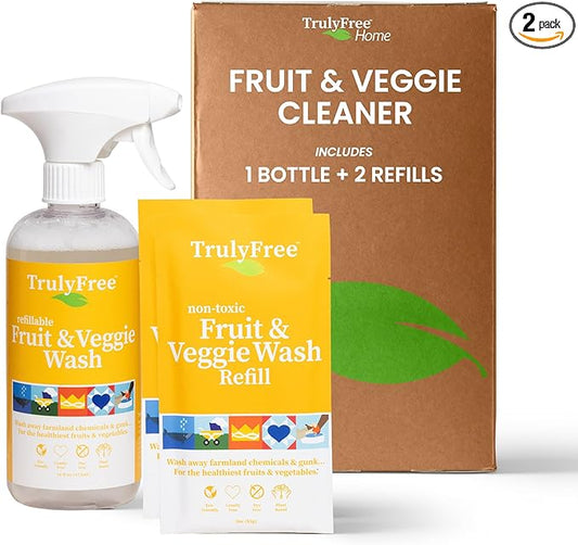 Natural Fruit and Veggie Wash Kit - Produce Cleaner Spray (16oz Reusable Empty Bottle + Two Pouches, 3oz ea.) - DIY Vegetable Washer & Fruit Cleanser