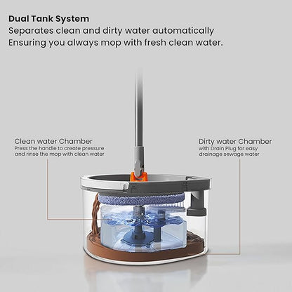 Dual Chamber Spin Mop and Bucket System, Mop Bucket Separate Dirty Water, Mop and Bucket Set with Self-Wringing 360° Rotating Mop Head, Includes 4 Washable Microfiber Mop Pads. (Orange)
