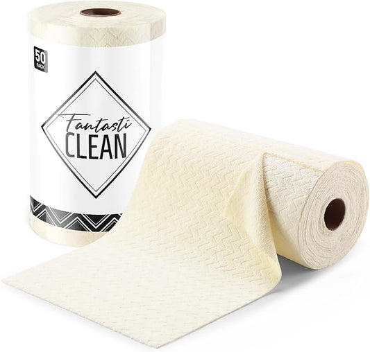 Fantasticlean Microfiber Cleaning Cloth Roll, 12" x 12"- 75 Sheets, Reusable Tear Away Microfiber Towels, Ultra Absorbent Dish Rags for Car, Home or Office (Beige Ripple)
