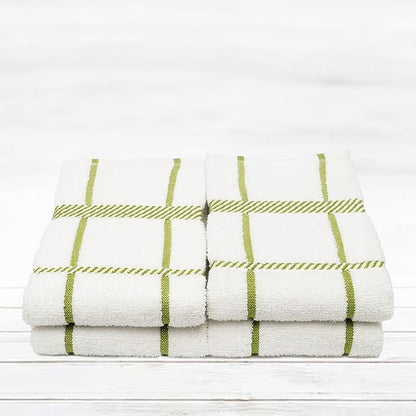 100% Cotton Terry Dish Towels, 4 Pack Checks, 16 x26 Inches, Super Soft and Absorbent Kitchen Towels, Perfect for Kitchen Cleaning and Dish Washing | Green