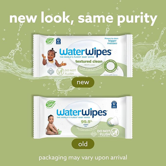 WaterWipes Plastic-Free Textured Clean, Toddler & Baby Wipes, 99.9% Water Based Wipes, Unscented & Hypoallergenic for Sensitive Skin, 60 Count (1 pack)