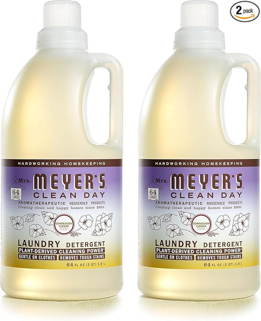 MRS. MEYER'S CLEAN DAY Liquid Laundry Detergent, Biodegradable Formula Infused with Essential Oils, Compassion Flower, 64 oz - Pack of 2 (128 Loads)
