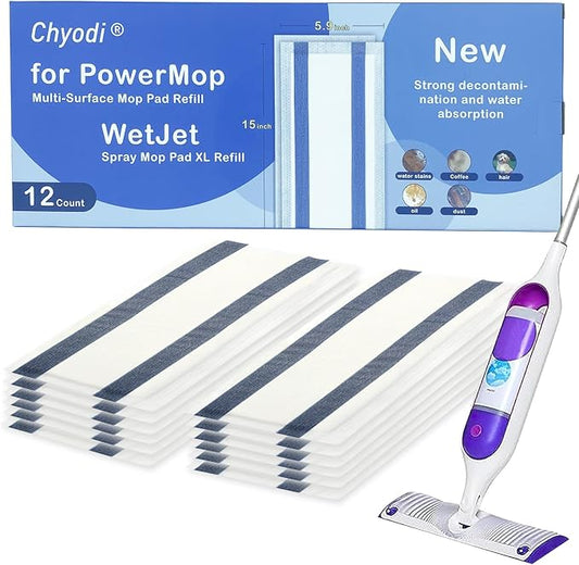 12-Pack Disposable Mop Pad Refills for Swiffer PowerMop Multi-Surface Mop/Wet Jet Spray Mop, Effortlessly Cleans Hardwood, Tile and Laminate Floors - Super Absorbent, Absorbs Dirt, Deep Cleaning