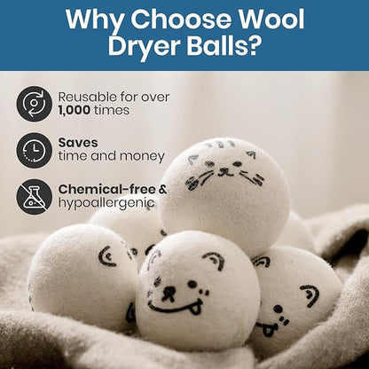 Delomo Wool Dryer Balls with Holder: Natural Fabric Softener Ball, 6-Pack Reusable Laundry Balls, Reduces Clothing Wrinkles and Static