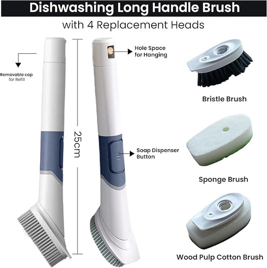 Set of 3 Kitchen Cleaning Brushes - Dish Cleaner with Soap Dispenser and 4 Replacement Heads, Bottle Cleaner & Cutlery Scrubber - Cleaning Set for All Kitchen Utensils