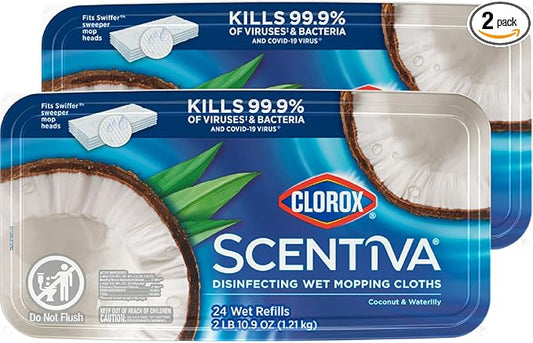 Clorox Scentiva Disinfecting Wet Mop Pad, Disposable Mop Heads, Coconut and Waterlily, 2 Packs, 24 Wet Refills Per Pack (Package May Vary)
