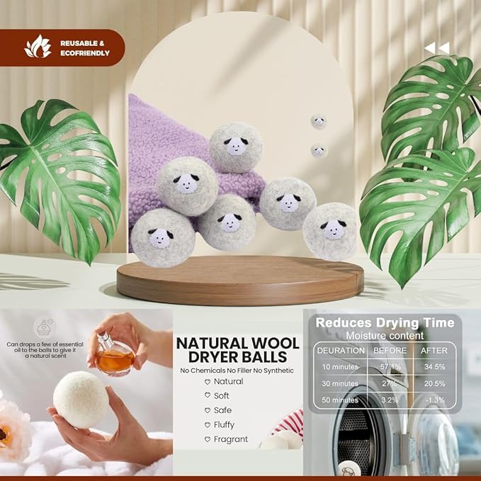 Wool Dryer Balls, Extra Large, Set of 6, Natural Fabric Softener, Chemical Free, Scented XL, Reuable and Replacement for Fabric Softener (Gray)