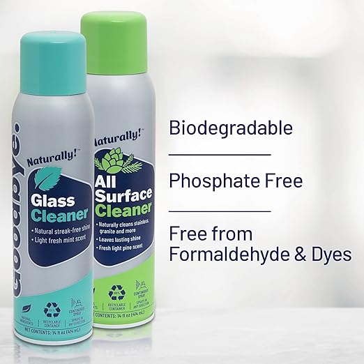 Glass Cleaner and All Surface Cleaner, Safe and Effective All Natural Cleaning Products, 14 oz Continuous Spray Cans, 2 Pack