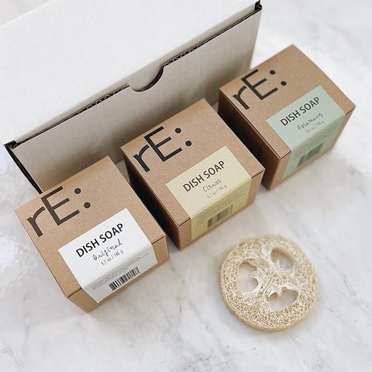 RE: Dish Washing Soap Bars (Loofah holder sponge included) - palm oil free, eco friendly, zero waste, plastic free, free of artificial dyes and fragrance (Assorted)