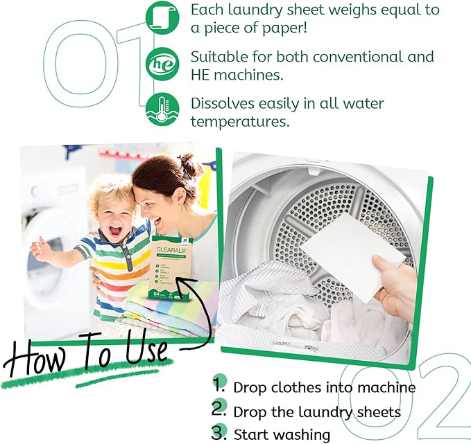 CLEARALIF Laundry Detergent Sheets, Unscented, 64 Load, CLEARALIF Laundry Detergent Strips Eco Friendly & Hypoallergenic
