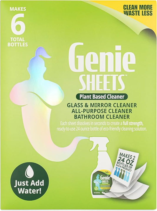 Genie Sheets All Purpose, Glass and Bathroom Cleaners Combo Pack | Concentrate Makes 6 24oz Bottles | Professional-Strength | Just Add Water | Eco-Friendly Plant-Based | 6 Sheets
