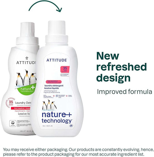 ATTITUDE Liquid Laundry Detergent, EWG Verified Laundry Soap, HE Compatible, Vegan and Plant Based Products, Cruelty-Free, Pink Grapefruit, 35 Loads, 35.5 Fl Oz