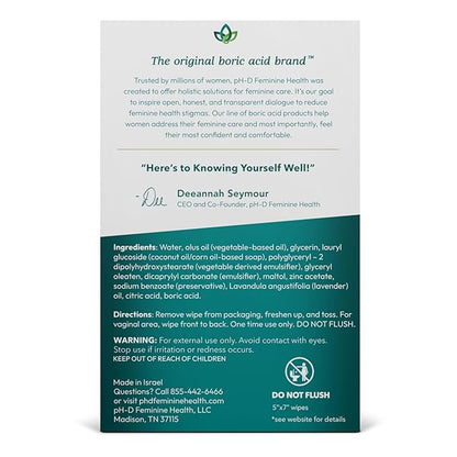 pH-D Feminine Health Support - Boric Acid Wipes - Holistic Body Wipes - Travel Friendly, pH-Balanced, Paraben-Free, and Made with Essential Oils - Sensitive - 20 count