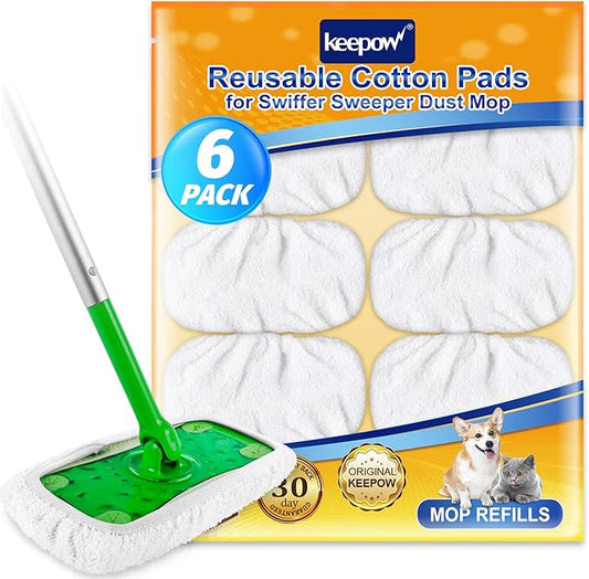 KEEPOW Reusable Wet Pads for Swiffer Sweeper Mop, Dry Sweeping Cloths, Washable Duster Mopping Refills for Wet & Dry Floor Cleaning, 100% Cotton, 6 Pack (Mop is Not Included)