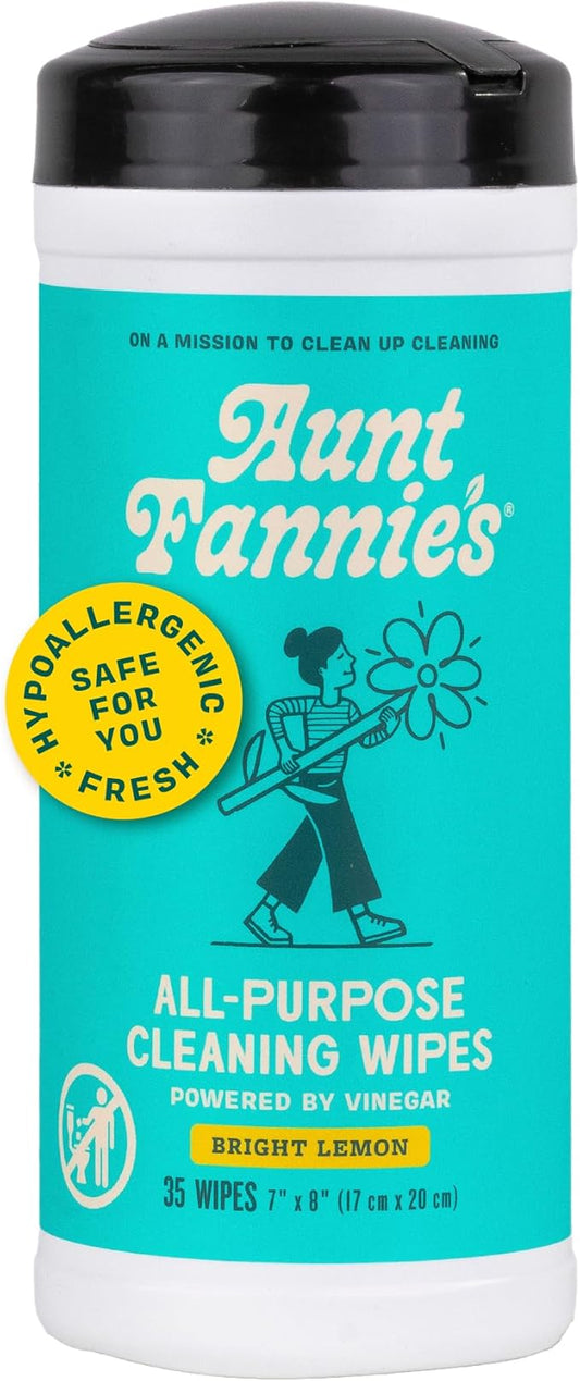 Aunt Fannie's Natural Cleaning Vinegar Wipes, Multipurpose Surface Cleaner, Bright Lemon Scent, 35 Count (Pack of 1)