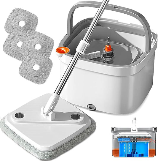 KZKR Spin Mop and Bucket Set with Self Separation Dirty and Clean Water System, Self Wringing 360° Rotating Square Mop Head for Home Floors Cleaning (1.0 Mop and Bucket Set (4 Pads))