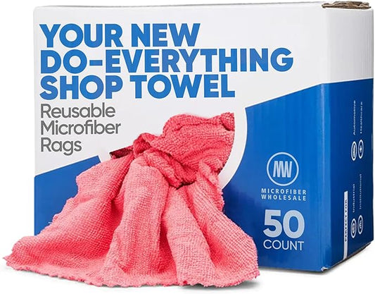 Microfiber Shop Towels | MWipes Reusable Red Shop Rags | 50 Rags in a Box (400 Count) | Super Absorbent, Machine Washable Hundreds of Times | Automotive, Paint, Industrial, Detailing
