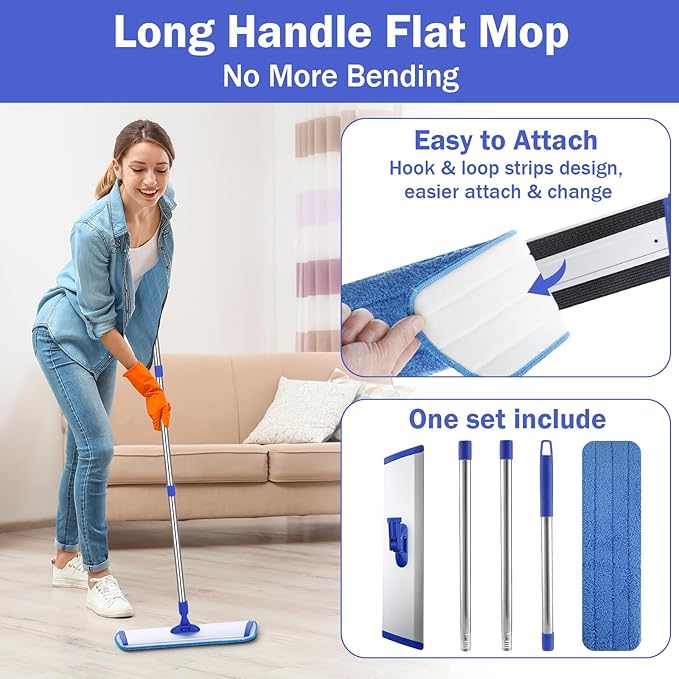Uiifan 2 Set 18" Microfiber Mop Floor Cleaning Mop Flat Mop with Extendable Handle and Reusable Washable Mop Pads for Hardwood Floors Laminate Commercial Mop Bulk Wet and Dust Mop