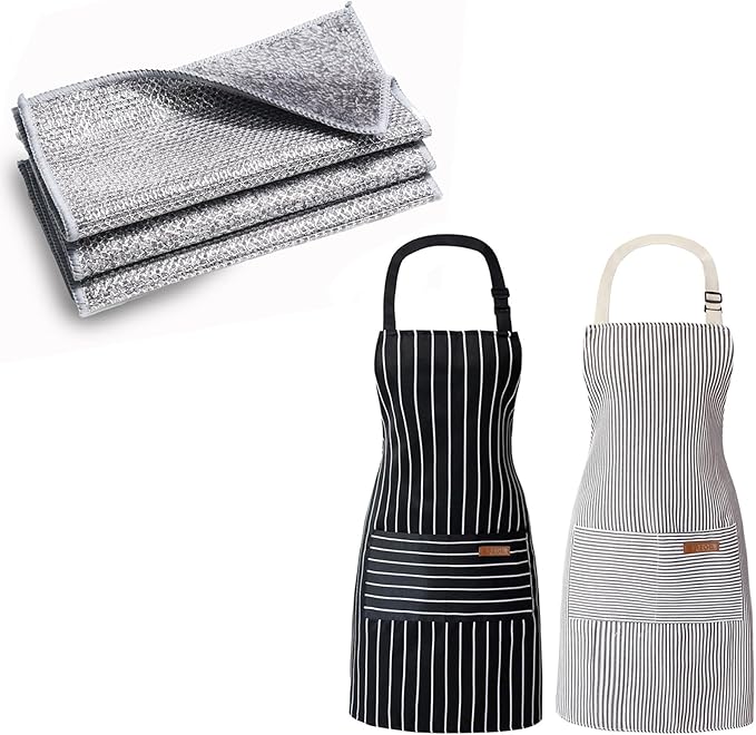 3 Pcs 2-Layer Super Absorbent Bamboo Charcoal Dish Cloths for Dishes, Sinks, Stove，2PCS Kitchen Apron，Unisex Adjustable Bib Aprons 2 Pockets, Water-Resistant Cooking Apron for Baking
