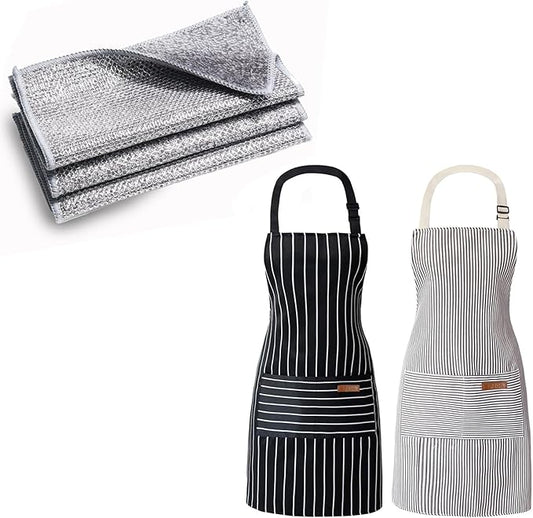3 Pcs 2-Layer Super Absorbent Bamboo Charcoal Dish Cloths for Dishes, Sinks, Stove，2PCS Kitchen Apron，Unisex Adjustable Bib Aprons 2 Pockets, Water-Resistant Cooking Apron for Baking