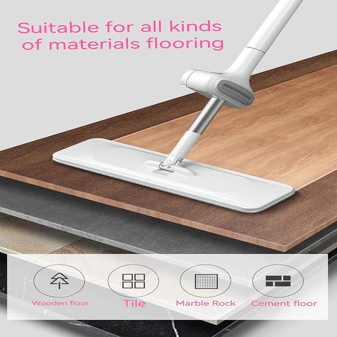 360 Hands-Free Self Wringing Floor Cleaning Mop, Flat Mop - Microfiber with 4 x Washable Pads, Hand Washing Free for Hardwood and Window, White