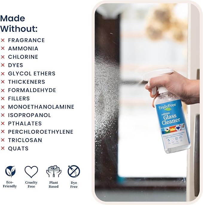 Natural Glass Cleaner Spray- Removes Dirt & Debris for Sparkling Clean Windows & Glass Surfaces at Home, Office & Garage, Includes: 1 Refillable Empty Bottle (16oz) & 2 Refills (3oz ea)