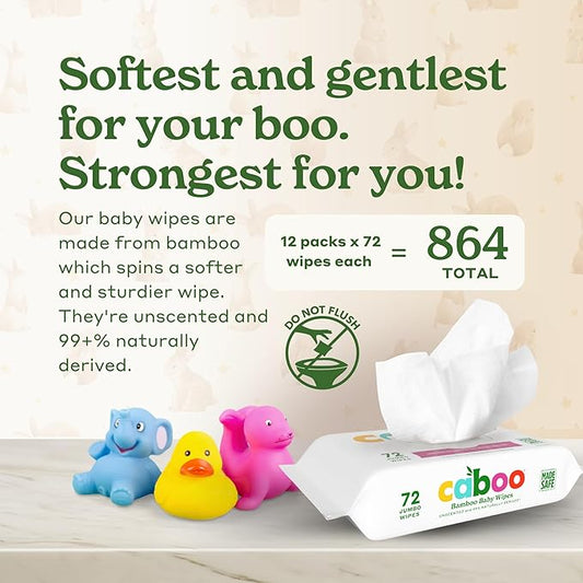 Caboo Baby Wipes, Made with Bamboo Viscose, Certified Made Safe Ingredients, Unscented Baby Wipes Good for Sensitive Skin, 72 Wipes Per Travel Pack, Bulk Total of 864 Wet Wipes