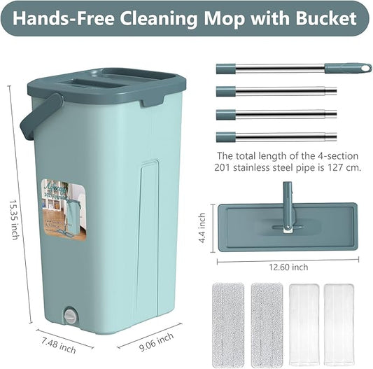 Aifacay Mop and Bucket with Wringer Set, Flat Wall Mop and Bucket Set with 4 Reusable Microfiber Pads, Hand Wash Free Floor Cleaning System Wet and Dry Use for Hardwood Tile Window Corner Baseboard