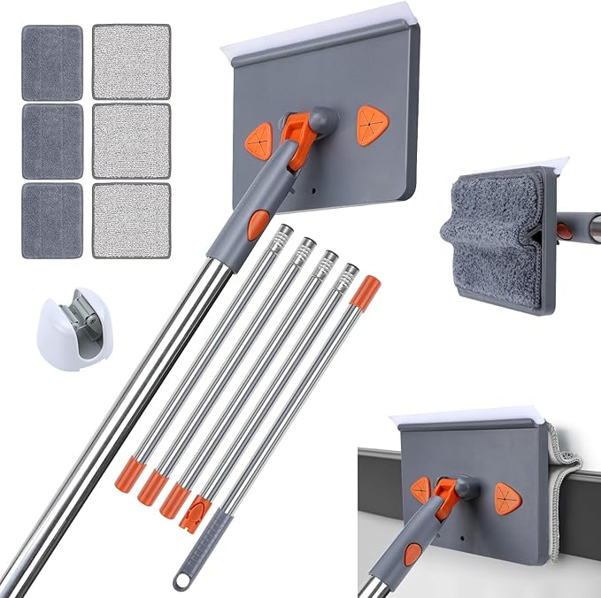 Baseboard Cleaner Tool with Handle, 80" Long Handle Mop with 6 Reusable Cleaning Pads, Duster Cleaning Tools for Baseboards/Ceiling/Floor, Microfiber Ceiling Wall Window Cleaner