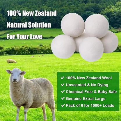Wool Dryer Balls 100% Organic Reusable - 6-Pack XL Premium Natural Fabric Softener, Chemical-Free, Baby Safe/Hypoallergenic, and eco-Friendly for Laundry