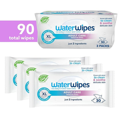 WaterWipes Adult Care Sensitive Body & Intimate Hygiene Wipes, 90 Wipes (3 Packs), Extra Large Textured, 99.9% Water-Based, For Everyday Personal Uses