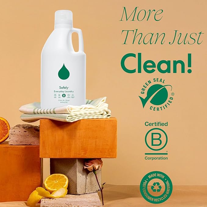 Safely Everyday Laundry Detergent Liquid Soap,Free & Clear 4 Pack–Plant Powered,Highly Concentrated-Fight Stains & Wash Away Dirt, Impurities While Preserving Colors, Gentle On Skin, 64 fl oz Each