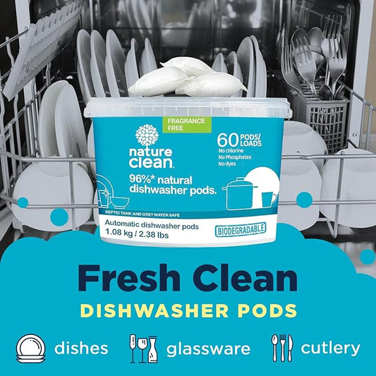 Nature Clean All Natural Dishwasher Pods, Plant-Based Non Toxic Dishwasher Detergent Pods, Dishwashing Pods Tough on Grease, Dish Pods for Dishwasher, Unscented Dishwasher Pods, 60 Count, Pack of 1