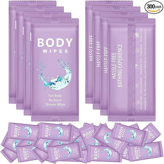Treela 300 Pcs Bulk Large Body Wipes Individually Wrapped Big Bath Wipes for Adults Bathing No Rinse Shower Bulk Deodorant for Homeless Hygiene Personal Cleansing for Travel Gym(7.09" X 9.84",Purple)