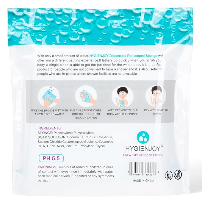 HYGIENJOY-Rinse Free Bath Sponges No Rinse Bathing Wipes(25 Counts)-No Residue Shower Wipes,Soap Infused,Lather,For the Elderly,Bedridden,Campers,Hikers,Post Surgery Must Haves