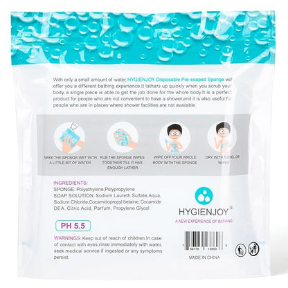 HYGIENJOY-Rinse Free Bath Sponges No Rinse Bathing Wipes(25 Counts)-No Residue Shower Wipes,Soap Infused,Lather,For the Elderly,Bedridden,Campers,Hikers,Post Surgery Must Haves