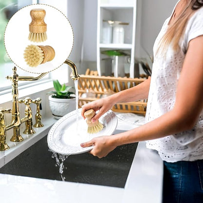 12 Pcs Bamboo Dish Scrub Brushes Kitchen Dishwashing Cleaning Brush Wooden Scrubbers Set Sisal Bristles Cleaner Scrubber for Washing Cast Iron Pan Pot Sink Spatula