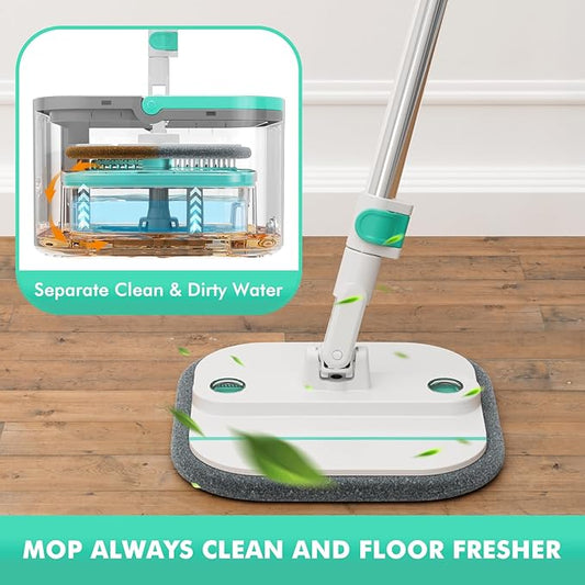 Upgraded Spin Mop and Bucket Self-Standing Mop Bucket Separate Dirty and Clean Water System Self Wringing 360° Rotating Clean Mop and Bucket Set with14Pads Mop-Blue