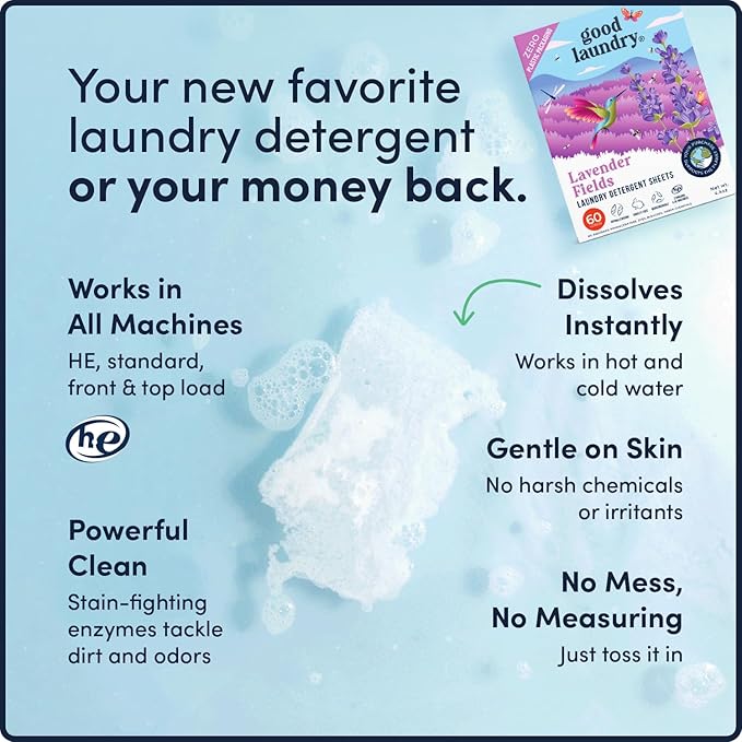 Eco-Friendly Lavender Scented Detergent Sheets (60 Loads) - Hypoallergenic, Zero-Waste Laundry Solution - No Plastic Jugs, Biodegradable & Vegan, Gentle on Skin - Based in the USA