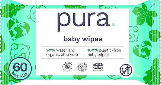 Pura Natural Sensitive Baby Wipes, 99% Water, Unscented & Hypoallergenic, Suitable for Sensitive & Eczema-prone Skin, Fragrance Free & Hypoallergenic, EWG Verified, 1 Pack of 60 Wet Wipes