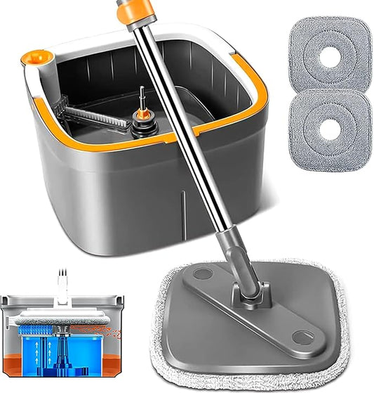 Spin Mop and Bucket Set with Self Separation System 360° Spinning Self-Wringing, Mops and Buckets for Floor Cleaning-with Replaceable Mop Cloths-2Pads-Dark Gray