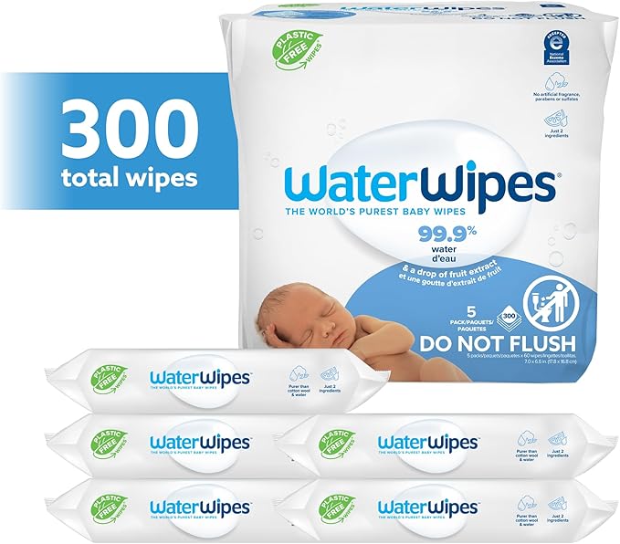 WaterWipes Plastic-Free Original Baby Wipes, 99.9% Water Based Wipes, Unscented & Hypoallergenic for Sensitive Skin, 300 Count (5 packs)
