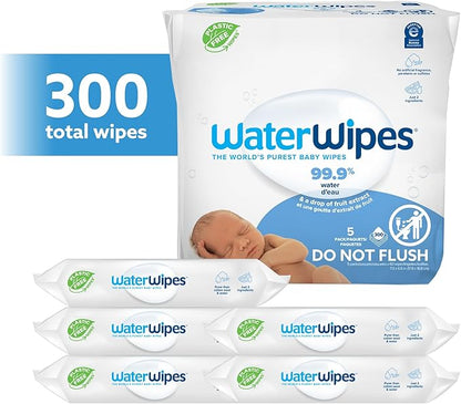 WaterWipes Plastic-Free Original Baby Wipes, 99.9% Water Based Wipes, Unscented & Hypoallergenic for Sensitive Skin, 300 Count (5 packs)