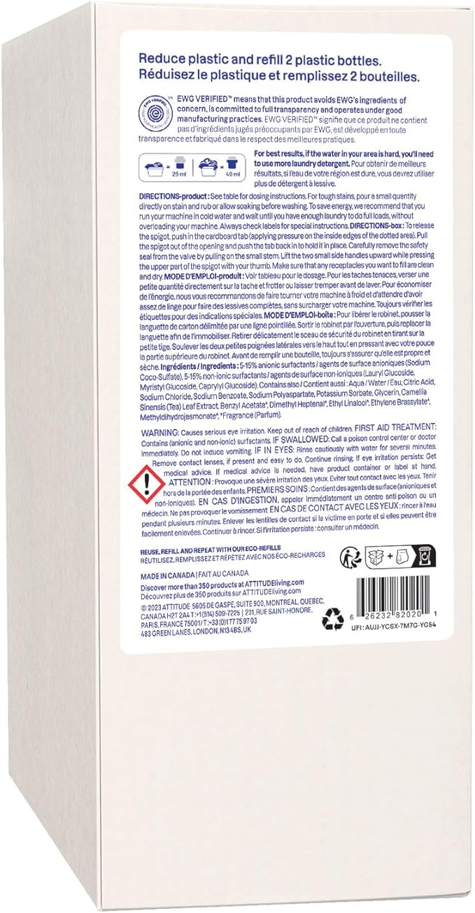 ATTITUDE Laundry Detergent, EWG Verified, Plant and Mineral-Based Formula, HE Compatible, Vegan and Cruelty-free Household Products, Wildflowers, Bulk Refill, 80 Loads, 67.6 Fl Oz