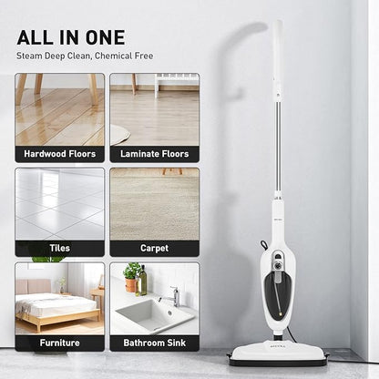 Secura Steam Mop 10-in-1 Convenient Detachable Steam Cleaner, White Multifunctional Cleaning Machine Floor Steamer with 3 Microfiber Mop Pads