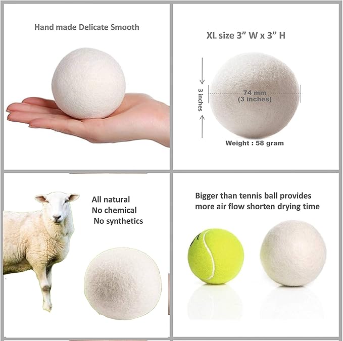 Reusable Wool Dryer Balls Organic Laundry Fabric Softener Natural Dryer Sheets Alternatives XL 4-PK